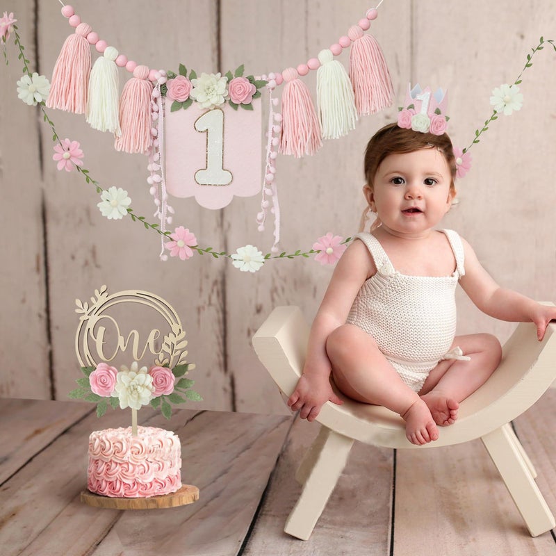 DCJHFJ Wildflower First High Chair Banner Birthday Decorations For Girl One Flower Cake Topper Floral Hat 1st Birthday Decoration Supplies - Image 5